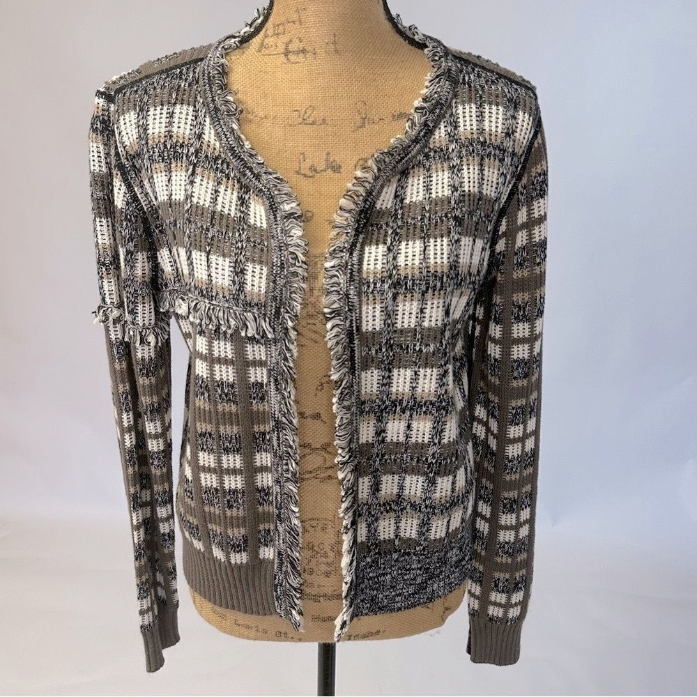 Cabi Classic Cardigan #4097  Open Front Fringe Stripe Black, Cream & Brown